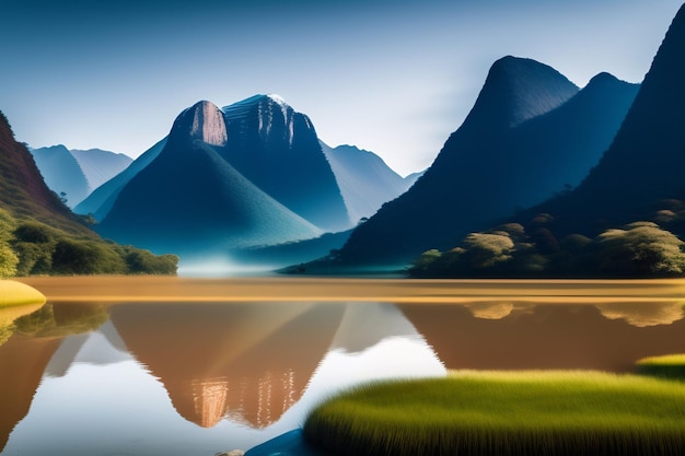 산맥은 푸른 하늘과 바닥에 "산"이라는 단어가 있는 호수에 반영됩니다.