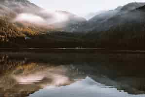 Free photo mountain reflection on body of water under white sky at