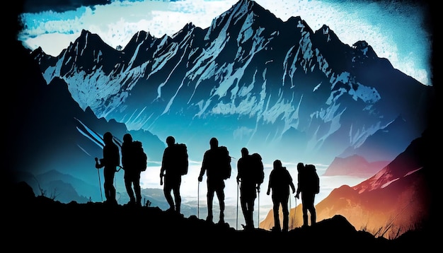 Mountain silhouettes hiking towards majestic mountain peak generative AI