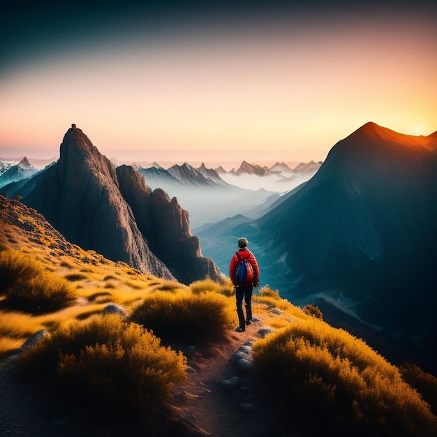 A mountain with a blue sky and a man standing on the edge of it