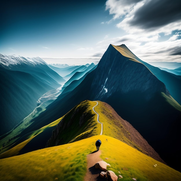 Free photo a mountain with a blue sky and a man standing on the edge of it