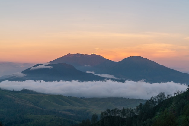 Mountainous landscape at dusk