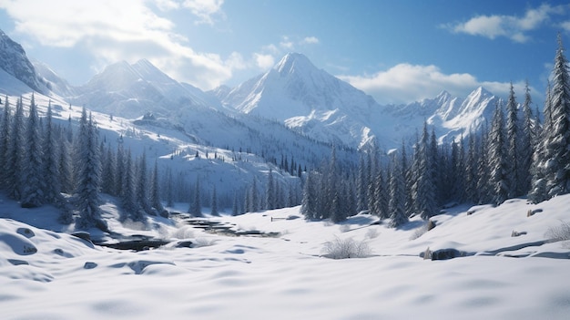A mountainous plain full of snow