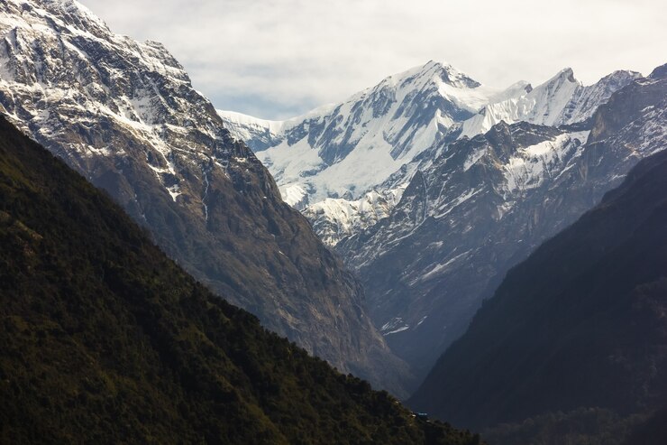 Free Photo mountains covered with snow and a foggy sky