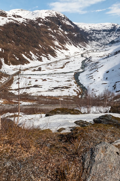 Mountains, snow-covered fjord