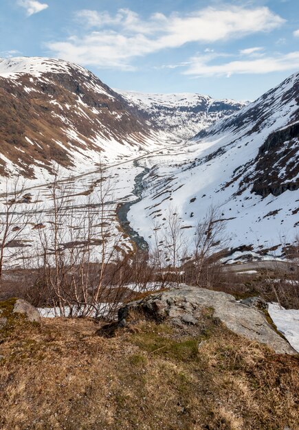 Mountains, snow-covered fjord