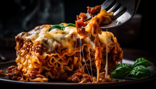 Foto gratuita deliziose lasagne con salsa alla bolognese ricca e mozzarella fusa generata da ai