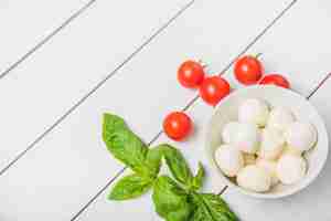 Free photo mozzarella cheese ball with basil leaf and red tomatoes on wooden white background