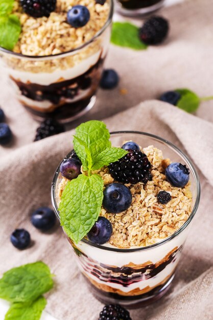 Muesli dessert on glasses