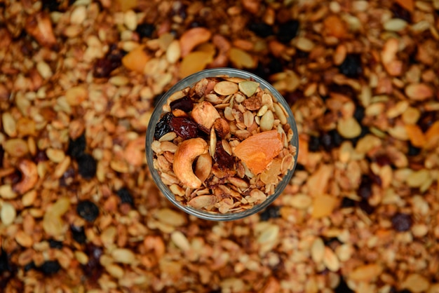Muesli in glass. Close up. From above.