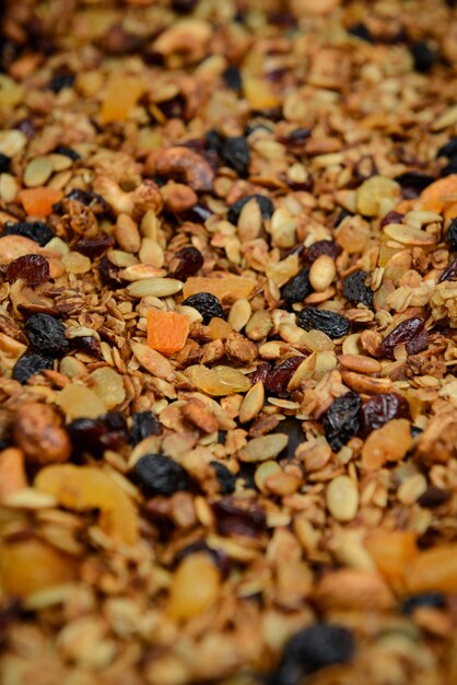 Muesli granola dried fruits. Close up.