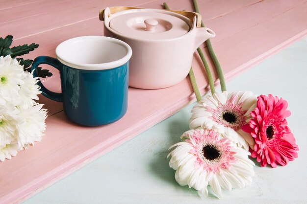 Mug and pot near flowers