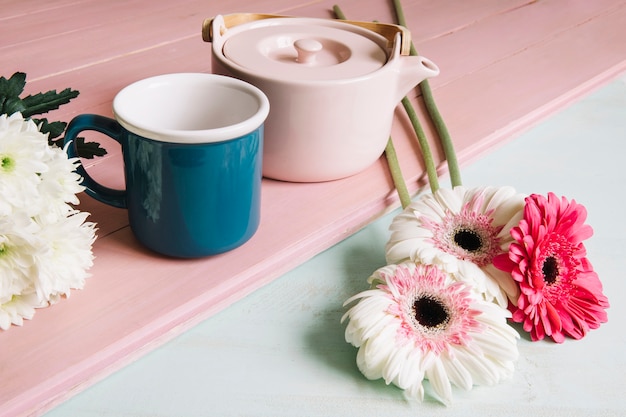 Mug and pot near flowers