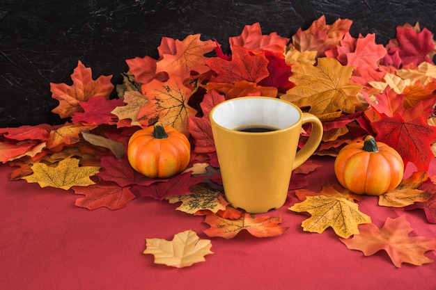 Mug and pumpkins near leaves