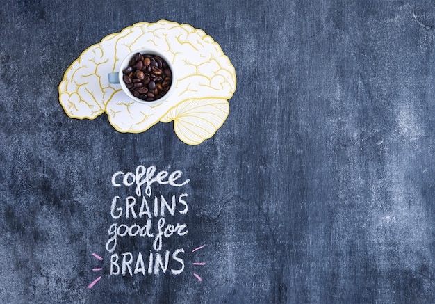 Mug with coffee beans on the brain with text written on chalkboard