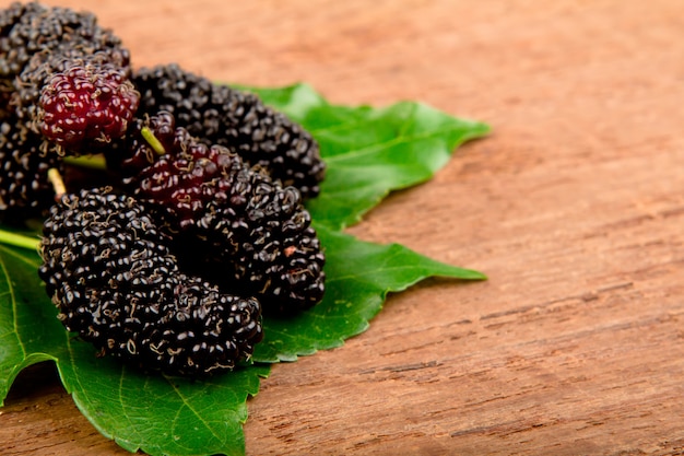 Foto gratuita mulberry e foglia sul legno vecchio