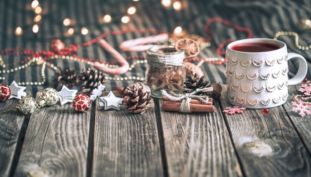 mulled wine in a cup on a wooden table