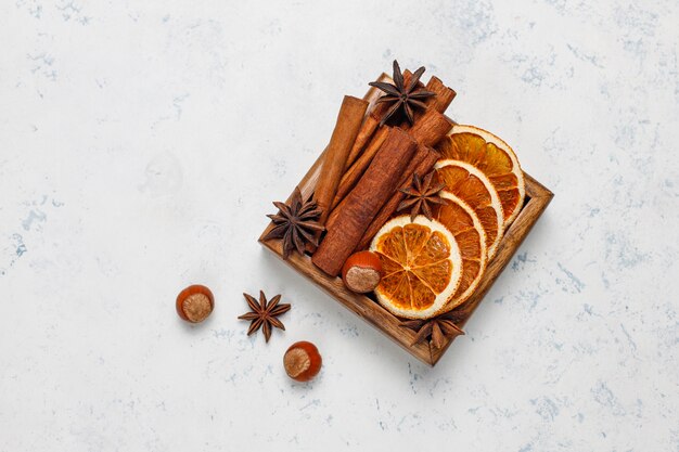 Mulled wine spices in wooden box