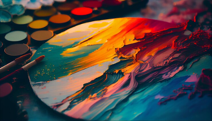 無料Photo 明るい青と黄色のジェネレーティブ ai を使用した多色の抽象絵画