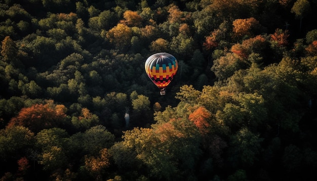 Free photo multi colored balloon in mid air above mountain range generated by ai