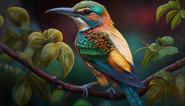Multi colored bee eater perching on branch outdoors generative AI