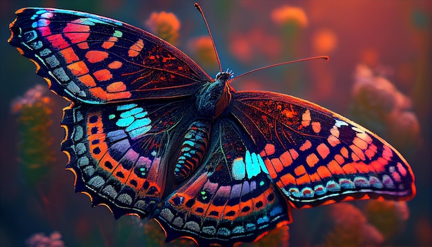 Бесплатное фото Разноцветный макрос крыла бабочки крупным планом на цветочном генеративном ии