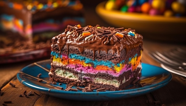 Fetta di torta al cioccolato multicolore su piatto di legno generato da ai