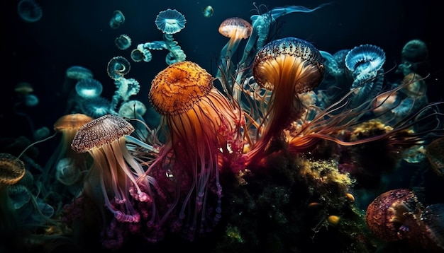 色とりどりの刺胞動物の触手が、AI によって生成された水中の美しさの中で浮揚します。