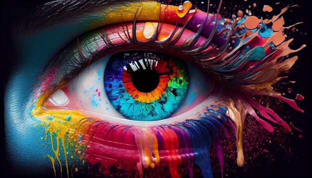 Разноцветное творчество крупным планом человеческого глаза, созданное искусственным интеллектом