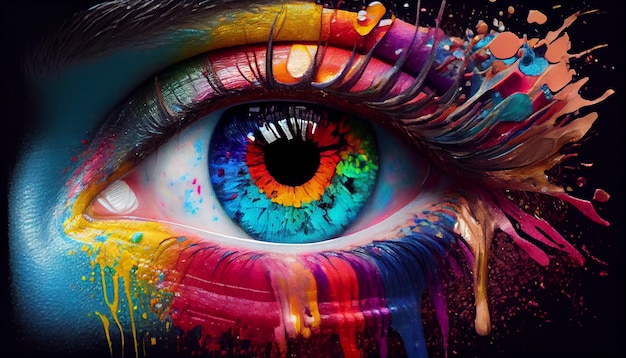 Multi colored creativity in close up human eye generated by AI