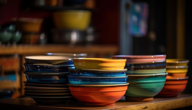 Разноцветная посуда, сложенная на кухонной полке, сгенерированная искусственным интеллектом