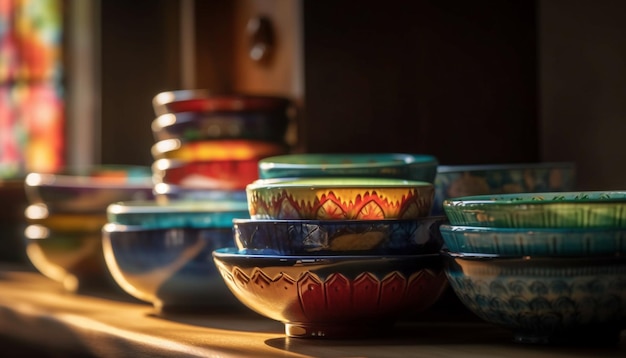 Multi colored earthenware bowl with ornate indigenous pattern generated by AI