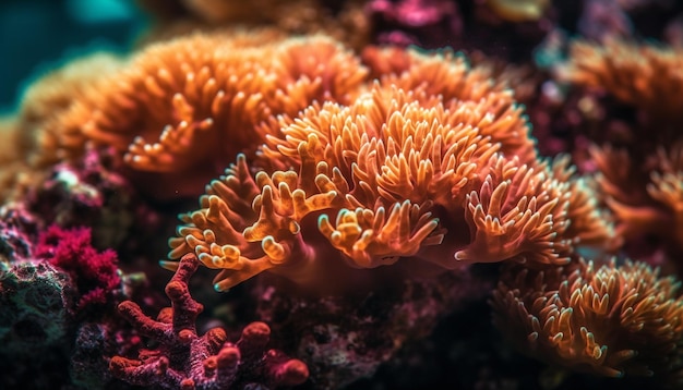 AIが生成したサンゴ礁の色とりどりの魚とソフトコーラル