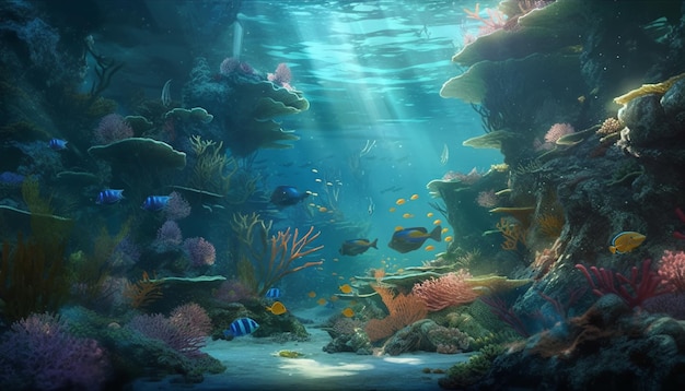 AIによって生成された熱帯のサンゴ礁で色とりどりの魚が泳ぐ