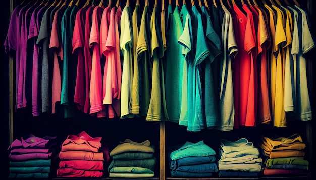 AI가 생성한 소매점의 옷걸이에 다양한 색상의 옷이 걸려 있습니다.