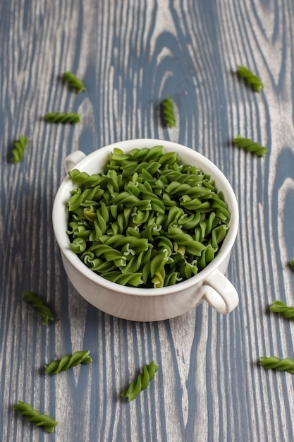 Multi-colored gluten free vegetable fusilli pasta.