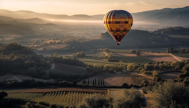 Foto gratuita la mongolfiera multicolore vola sopra le montagne generate dall'intelligenza artificiale