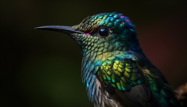 Colibrì multicolore che si appollaia su un ramo verde generato dall'intelligenza artificiale