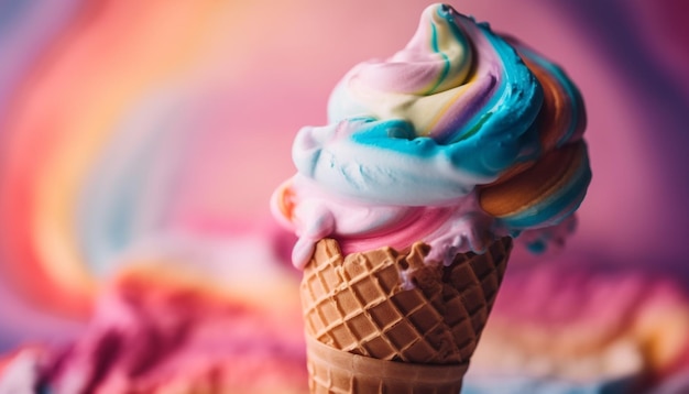 Multi colored ice cream cone a sweet indulgence generated by AI