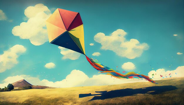 Multi colored kite flying high in the blue sky generative AI