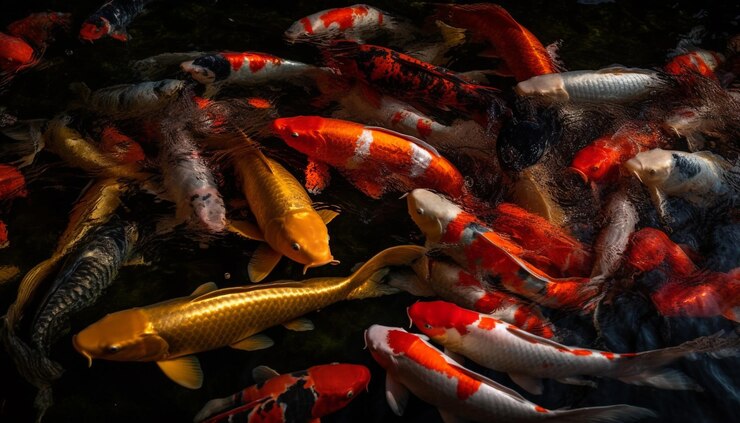 Free Photo multi colored koi carp swim in vibrant motion generated by ai