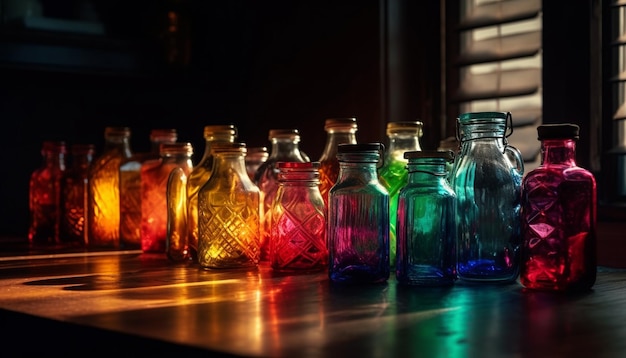 ガラス瓶に入った色とりどりの液体は、AI によって生成された科学を反映しています