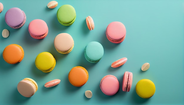 Бесплатное фото Разноцветные миндальные печенья укладываются на маленькую розовую тарелку, сгенерированную ии