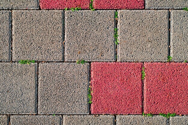 Multi-colored paving slabs and tiny green grass growing among them. Top view of red-gray tiles. Using recycled materials to create tracks, improving local life.