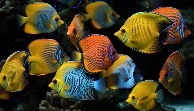 AI가 생성한 산호초에서 헤엄치는 다양한 색상의 물고기 떼