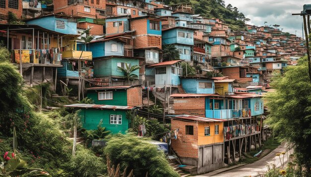 AI によって生成された、混雑したカリブ海のスラム街にある色とりどりの小屋