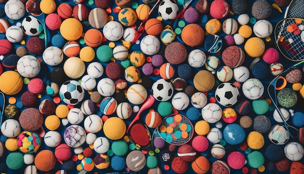 AIによって生成されたスポーツボールの色とりどりの球体が屋外にたくさんあります