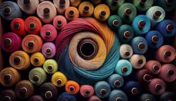 Free photo multi colored spool close up sewing thread background generated by ai