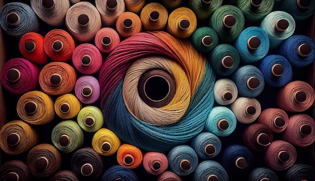 Разноцветная катушка крупным планом Фон швейных ниток, созданный AI