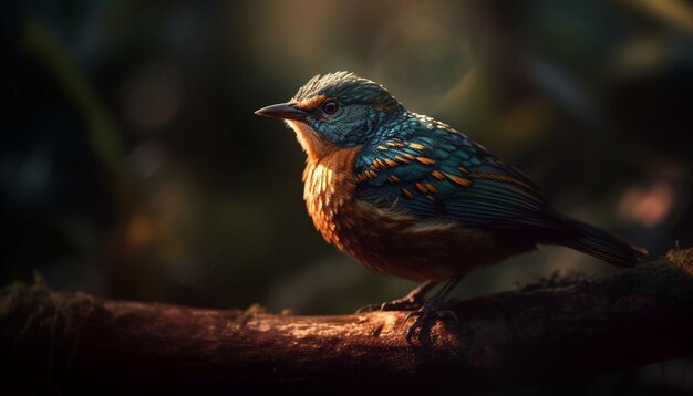 Multi colored starling perching on branch outdoors generated by AI